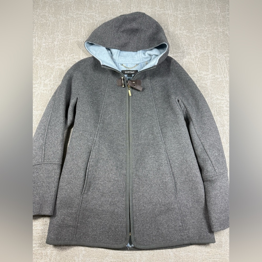 Ellen Tracy Wool Full Zip Gray Hooded Minimalist Jacket Women Size XS